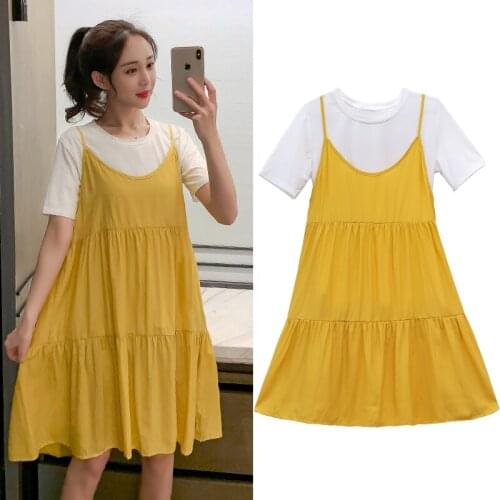 205# T shirt + Dress O Neck Maternity Clothes Loose Stylish Short Sleeves two-piece Dress for Pregnant Women Mom Dress