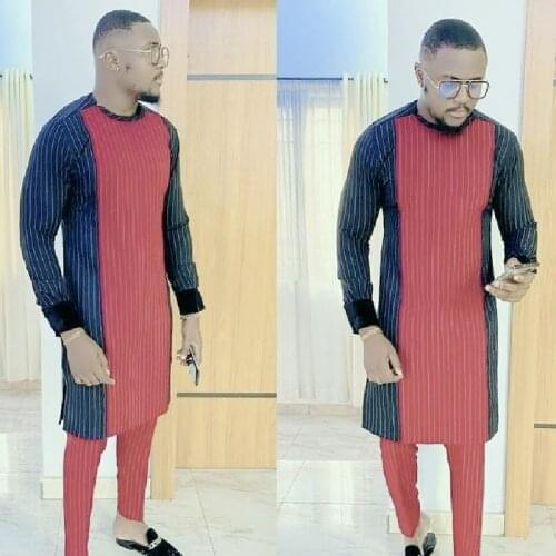 African Fashion Mens Patchwork Shirt Navy Blue And Red Stripes Cotton Tops+Trousers Groom Suits Mens Party Outfits Customized