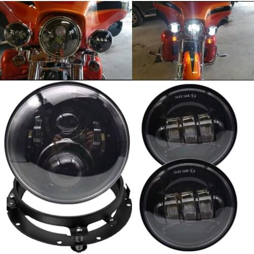 For Harley Black 7'' LED Motorcycle Headlight + 4-1/2" Fog Light Passing Lamps +7 inch Driving Headlamp Mounting Bracket Ring