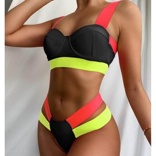 Contrast Color Patchwork Bikini Bra TCup Swimsuit Women High Waist Bikini Set Swimwear Push Up Bathing Suit Bather Biquini G20