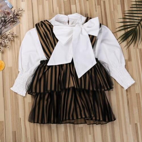 2021 Top Sale Fashion 2 Pieces Kids Suit Set Girls Solid Color Stand Collar Long Sleeve Shirt+ Striped Suspender Skirt White