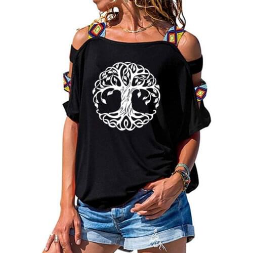 Mandala Circle Trees T-Shirt Tree Women Loose Cotton Short Sleeve Female T-shirts Fashion Hollow Out Shoulder Tees