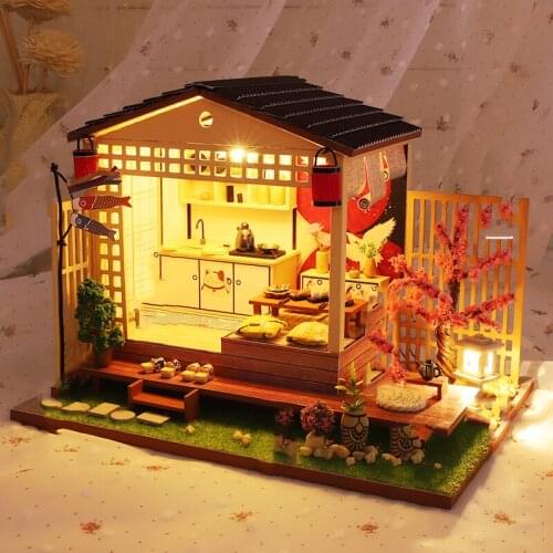 DIY Japanese Architecture Loft Sushi Shop Wooden Dollhouse Miniature Furniture With LED Kits Assemble Toys Children Gift Casa