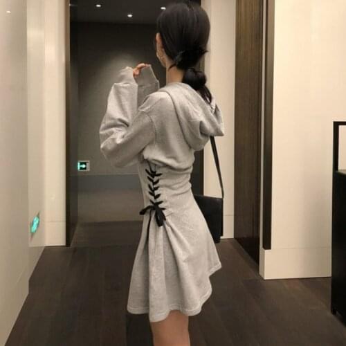 Fashion Hooded Dresses Women Lace Up Waist Slim Black Gothic Dress Female Short Mini Dress Harajuku Streetwear