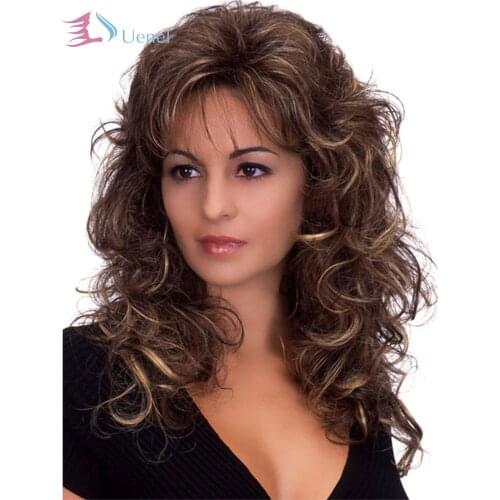 Uenel 24" Natural Full Wigs With Bangs Brown Blonde Mixed Synthetic Heat-resistant Hair Suitable For Parties And Daily Use