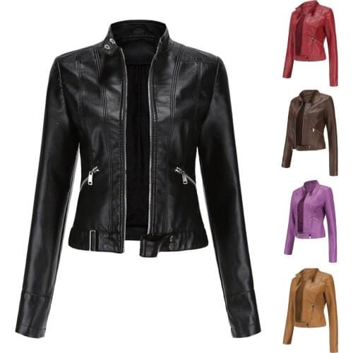 New Ladies Slim Faux Leather Jacket Stand-Up Collar Long Sleeve Overcoat Zipper Cardigan Short Coat abrigos mujer invierno 2021