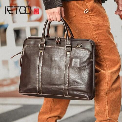 AETOO Vegetable tanned leather briefcase, mens handmade leather handbag, leather computer bag