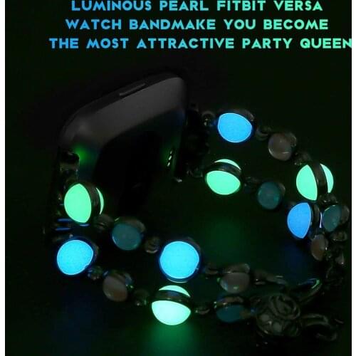 Luxury Metal Strap for Fitbit Versa 2/ Fitbit Versa 3 Sense Bands Bracelets Beaded Handmade Night Luminous Pearl Jewelry Woman