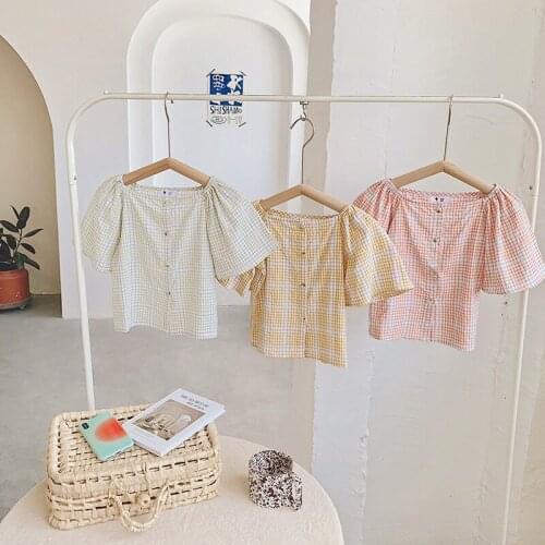 2-8 Y Toddler Girls Shirts Summer New Kids Girls Fashion Off Collar Short Sleeve Blouse Baby Cotton Plaid Shirts Child Clothing