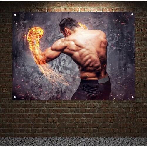 Workout Banner Flag Wall Hanging, Shirtless Aggressive Fighter With Burning Boxer Gloves Exercise Poster Tapestry Gym Decoration