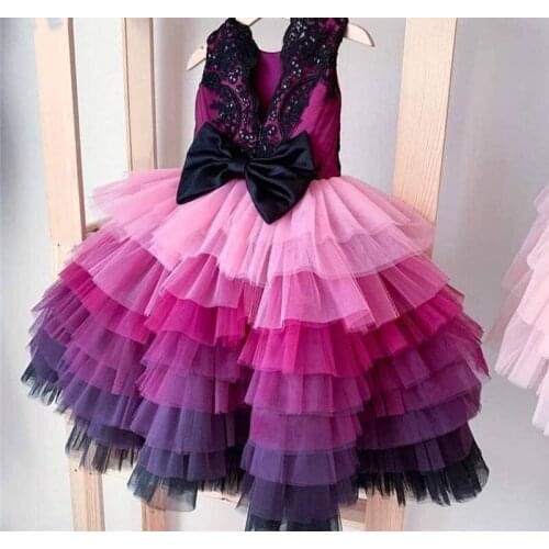 Real Photos Tiered Tulle Princess Girls Ball Gown Baby Girl Birthday Party Dress with Bow Lace Top Flower Girl Dress Custom