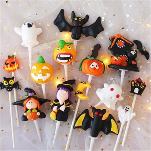 Halloween Cake Decoration Soft Pottery Pumpkin Witch Black Castle Bat Halloween Dessert Table With Flags And Cards