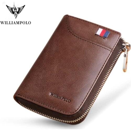 WILLIAMPOLO 2019 Men Wallets Zipper Male Portomonee Short Purse Brand High Quality Genuine Leather Card Holder Wallets PL310