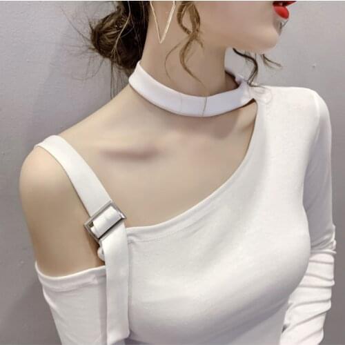 WWENN Women Short T-shirt Sexy Long Sleeve T-shirts Strap Off Shoulder Stitching Female Casual Slim T Shirts Crop Top Tees