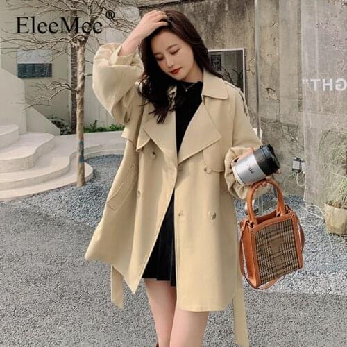 EleeMee Trench Coat For Ladies 2021 Lantern Sleeve Double Breasted Belt Tailored Collar Khaki Pocket Windbreaker Size S-Xl