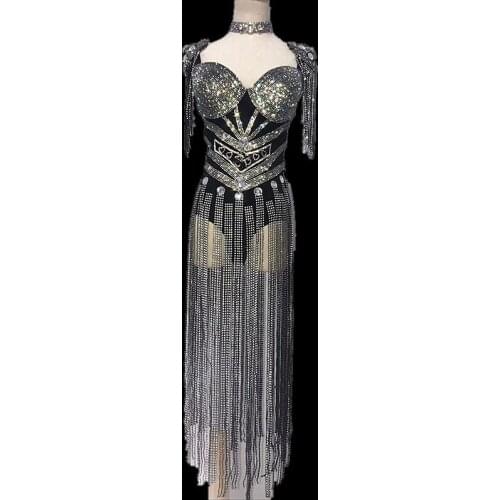 Long Sleeves Stretch Sexy Bodysuit Fashion Gray Silver Rhinestones Jumpsuit Stage Performance Party Celebrate Nightlcub outfit