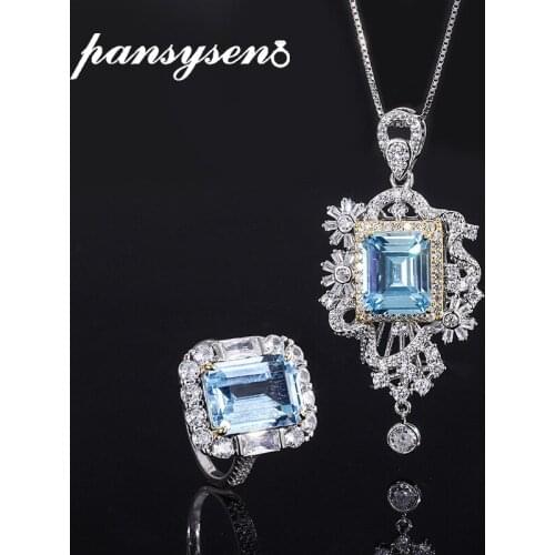 PANSYSEN Luxury 925 Sterling Silver Emerald Cut Aquamarine Diamond Gemstone Ring Pendant Necklace for Women Fine Jewelry Sets