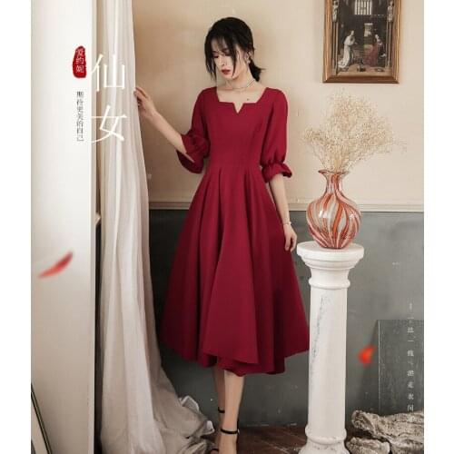 Women Burgundy Elegant Square Neck Dress Long A-line Evening Party Ball Gown Banquet Qipao Robe De Soiree