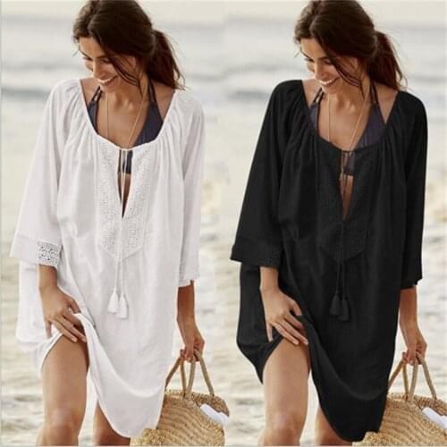 New Summer Women Cotton Beach Dress Playa Crochet Bikini Beachwear Deep V-Neck Swimsuit Cover Up Solid High Quality Beach Skirt