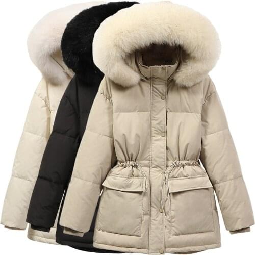 Winter Women Hooded Down Jacket Big Real Fur Collar Female Warm Thick Loose Parkas White Duck Down Coat Outerwear Solid Color