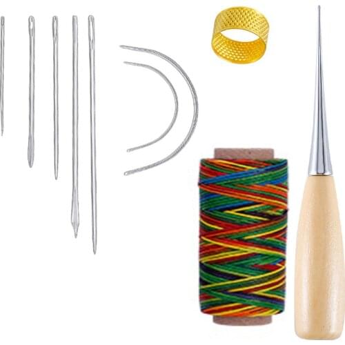 10 Pieces Hand Leathercraft Tool Set with Needle Leather Waxed Thread Cord Drilling Awl and Thimble for Leather Repair