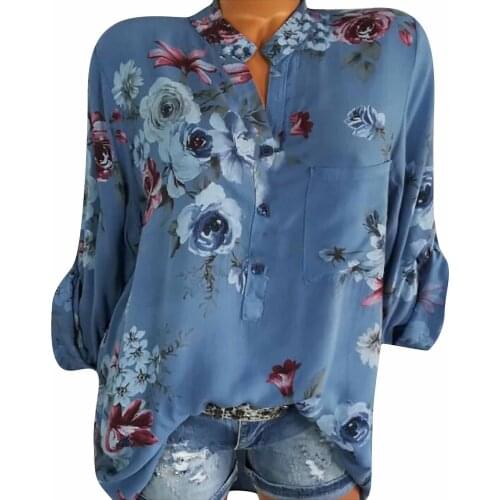 5XL plus size Floral Print blouses Fashion Button v-neck Womens shirt Casual spring tunic Top women Elegant chemise femme кофта