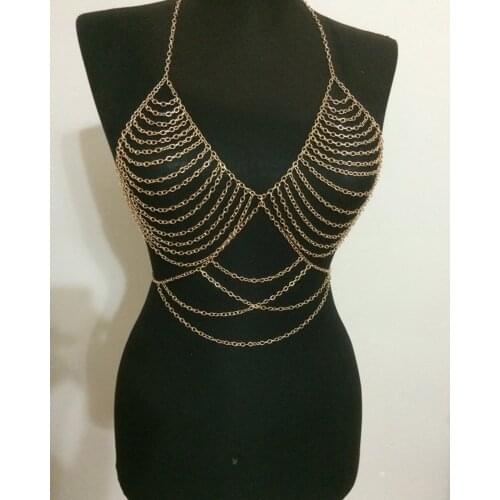 Women Sexy Body Jewelry Bikini Bra Multilayer Metal Slave Harness V Necklace Waist Chain Jewelry BY015