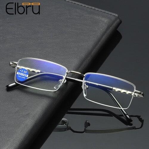 Elbru Ultralight Metal Half-Frame Reading Glasses Men Women Anti Blue Light Silver Presbyopic Spectacles With Diopters +1.0 +4.0