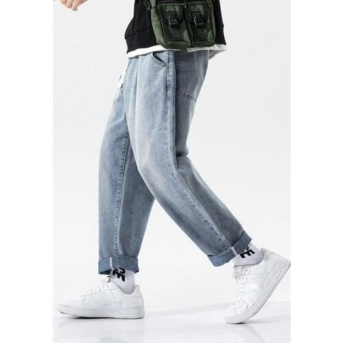 FALIZA New Loose Jeans Men Casual Pants Simple Design Streetwear Male Kpop Clothes Wide Leg Long Retro Straight Denim Trousers