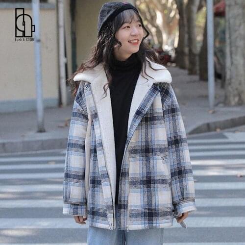 Stand-Up Collar Jacket New Retro Plaid Print Coat Plus Velvet Liner Tooling Loose Casual Warm Women Winter Outerwear