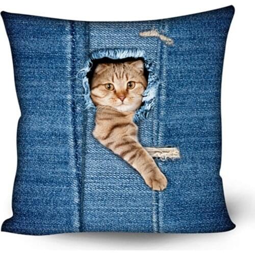 Cute Blue Printing Animal Jeans Cat Cushion Pillow for Office Chair Seat Comfort Zipper Cushion Unique Room Home Decorative