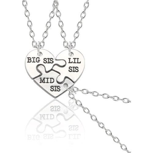 Fashion BIG MID LIL SIS Puzzle Heart Pendant Necklace Women Sister BFF Best Friends Forever Vintage Accessories Jewelry Gift