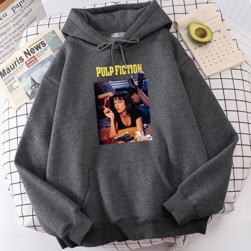 Hot Sale Fleece Autumn Tops American Film Pulp Fiction Printing Men Hoody Thick Winter Male Hooded Large Size Fashion Sweatshirt