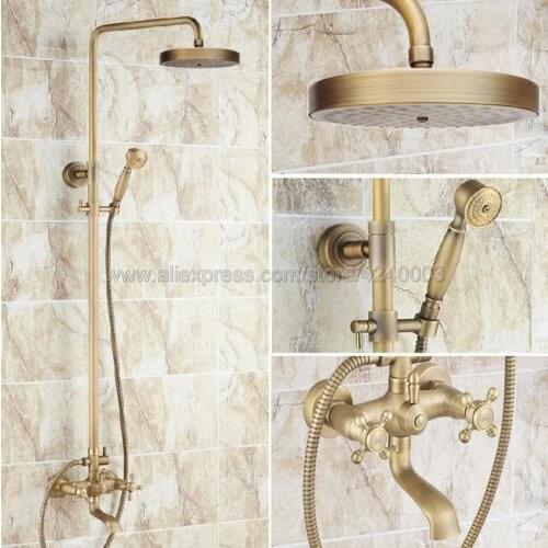 Wall Mounted Antique Brass Rainfall Shower Faucet Set Tub Mixer Tap+Hand Spray Krs127