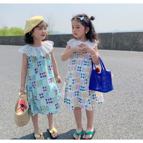 Summer New Arrival Korean style girls dress sleeveless sweet lace hollow collar girls dress flowers printed for cute baby girl