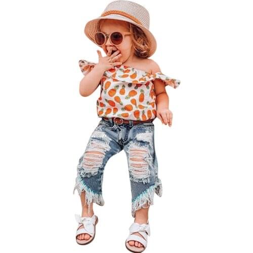 Toddler Baby Girls Outfits Clothes Pineapple Print Shirt Top+Hole ripped jeans Set two-piece suit For kids clothing L1225