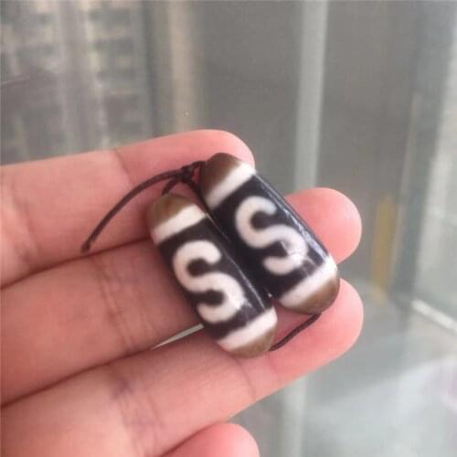 A Pair Water Drop Shape Money Hook Patterns Old Magic Natural Stone Tibetan Dzi Beads Powerful Totems