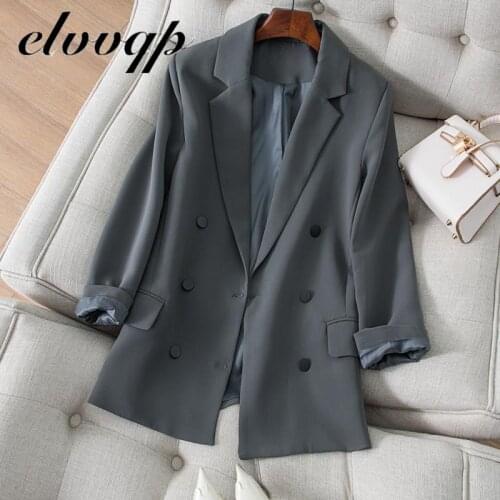New Women Vintage Black Gray Blazer Female Long Sleeve Elegant Double Breasted Jacket Ladies Office Work Blazer Formal Suits
