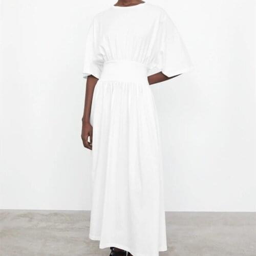 Women Midi Dress Short Sleeve Pullover Cotton 2021 Summer Black White Elastic Waist Ladies Long Dress Female Outfit