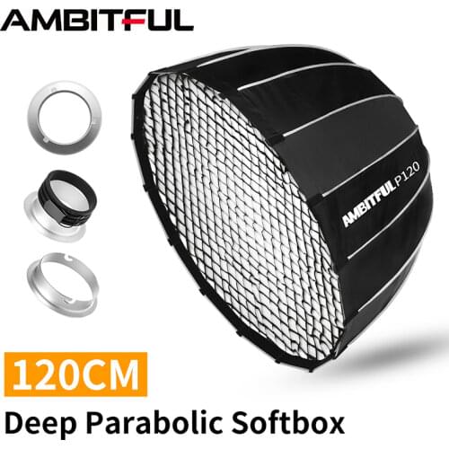 AMBITFUL P120 Portable 120CM 16 Metal Rods Deep Parabolic Softbox + Honeycomb Grid Bowens Mount Studio Flash Speedlite Softbox