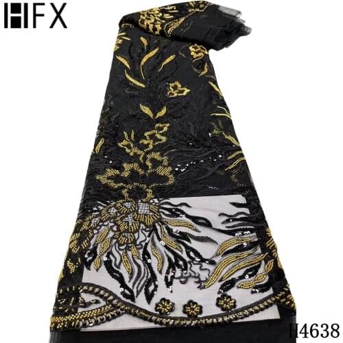 HFX Luxury Handmade Beaded Sequin Embroidery French Tulle Lace African Laces Fabric High Quality Mesh For Wedding dress H4638