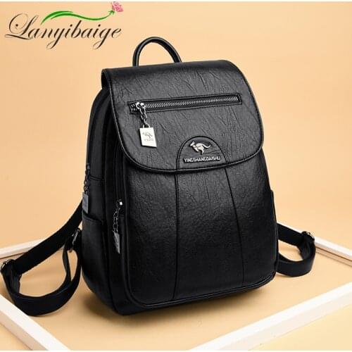 6 Colors Women 's Backpack 2021 New High Quality Soft Leather Leisure Travel Large Capacity School Bags for Teenage Girls Black