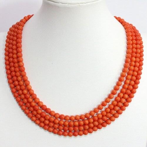 Special pink orange 4 rows 6mm round beads imitation coral chain fashion women high grade necklace jewelry 17-20inch B1452