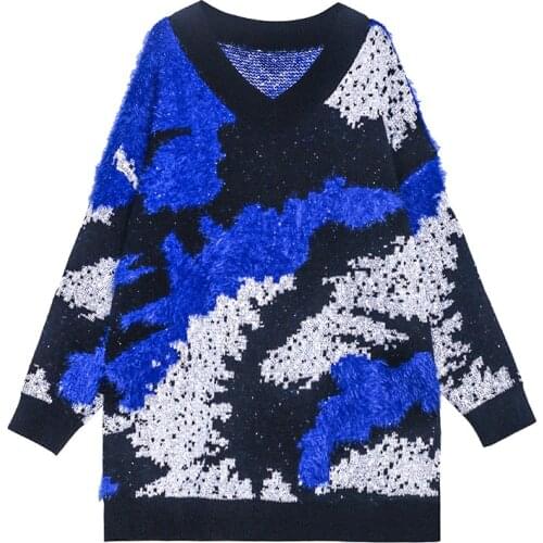 CE 2021 New Autumn Fashion V-Neck Knitting Woman Sweater Spring Loose Hit Color Female Sweaters Korean Geeky Chic Style Pullover