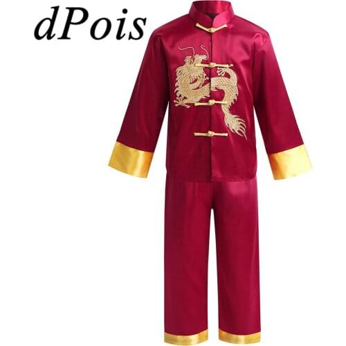 Traditional Chinese Clothing Kids Wushu Uniforms Embroidery Dragon Boys Kung Fu Clothing Outfit Satin Long Sleeve Tops + Pants
