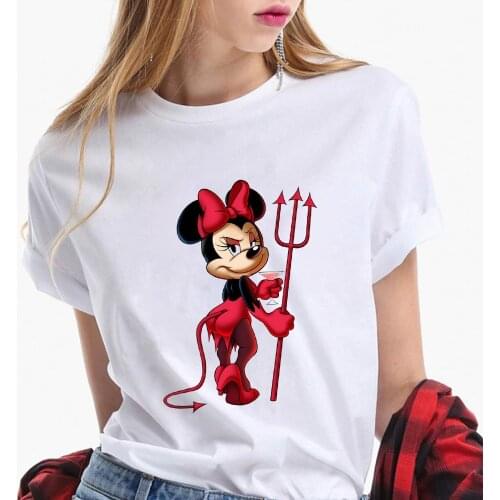 New Arrive T Shirts For Women Summer Short Sleeve Loose White O-neck Tshirts Disney Mickey Print Cartoon Graphic Tees Funny Cool