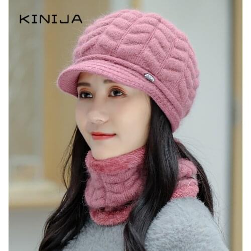 High Quality All-match Warm Woman Hat Scarf Suit Winter Korean Knitted Woolen WoolenCap Outdoor Cycling Ski Rabbit Fur Hat