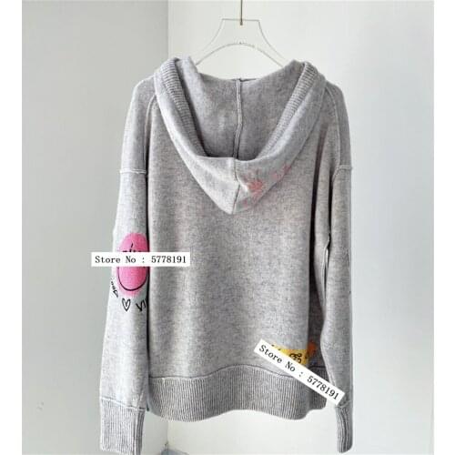 Woman Fashion Grey Black Cashmere Hooded Sweater Embroidered Long Drawstring Hoodies Jumper Front Pocket Long Sleeves