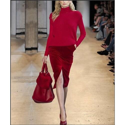 Amazing Red Knitted Elastic Suits Autumn Sweater & Vest & Velvet Skirt Three Piece Sets Warm Turtleneck Office Lady Women Suits