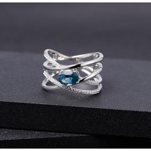 GEMS BALLET 0.95Ct Natural London Blue Topaz Gemstone Ring Jewelry 925 Sterling Silver Criss-Cross Finger Band Ring For Women